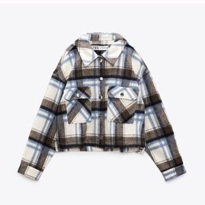 ZARA Cropped Plaid Overshirt Shacket Blue/Brown Sz Large